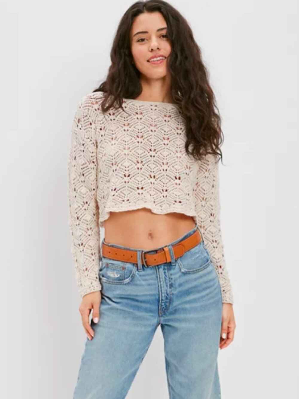 American Eagle Crochet Sweater Top Lace Up Back S Cream Y2K